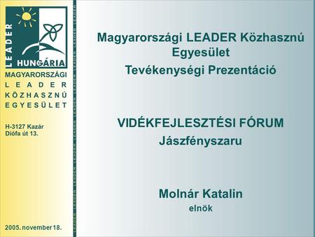 2005. november 18. Magyarországi LEADER Közhasznú Egyesület Tevékenységi Prezentáció VIDÉKFEJLESZTÉSI FÓRUM Jászfényszaru Molnár Katalin elnök.
