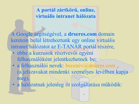 A portál zártkörű, online, virtuális intranet hálózata A Google segítségével, a drseres.com domain keretein belül létrehoztunk egy online virtuális intranet.