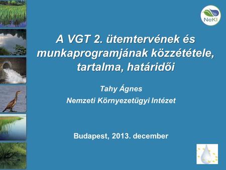 A VGT 2. ütemtervének és munkaprogramjának közzététele, tartalma, határidői Tahy Ágnes Nemzeti Környezetügyi Intézet Budapest, 2013. december.