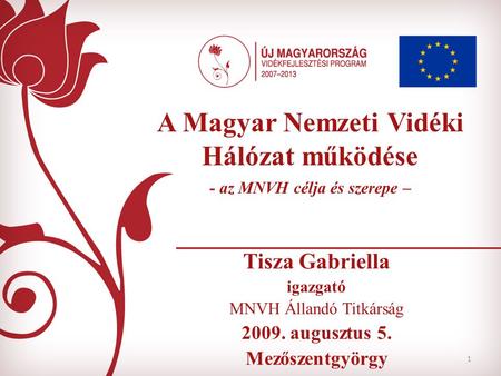 1 A Magyar Nemzeti Vidéki Hálózat működése - az MNVH célja és szerepe – Tisza Gabriella igazgató MNVH Állandó Titkárság 2009. augusztus 5. Mezőszentgyörgy.