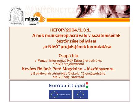 HEFOP/2004/1.3.1. A nők munkaerőpiacra való visszatérésének ösztönzése pályázat „e-NIVÓ” projektjének bemutatása Csapó Ida a Magyar Internetező Nők Egyesülete.