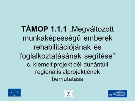 TÁMOP 1.1.1 „Megváltozott munkaképességű emberek rehabilitációjának és foglalkoztatásának segítése” c. kiemelt projekt dél-dunántúli regionális alprojektjének.