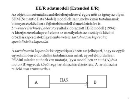 EE/R adatmodell (Extended E/R) 1 Az objektum orientált szemlélet elterjedésével egyre nőtt az igény az olyan SDM (Semantic Data Model) modellek iránt,