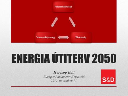 ENERGIA ÚTITERV 2050 Herczog Edit Európai Parlamenti Képviselő 2012. november 15. FenntarthatóságBiztonságVersenyképesség.