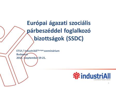 Európai ágazati szociális párbeszéddel foglalkozó bizottságok (SSDC) ETUI / IndustriAll Europe szeminárium Budapest 2012. szeptember 19-21. 1.