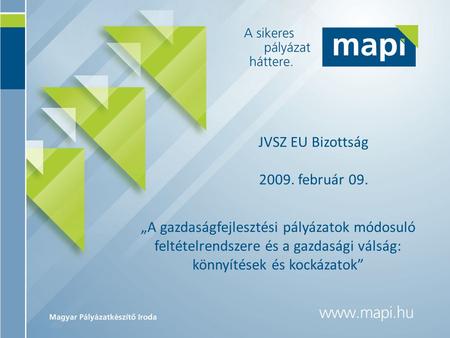 JVSZ EU Bizottság 2009. február 09. „A gazdaságfejlesztési pályázatok módosuló feltételrendszere és a gazdasági válság: könnyítések és kockázatok”