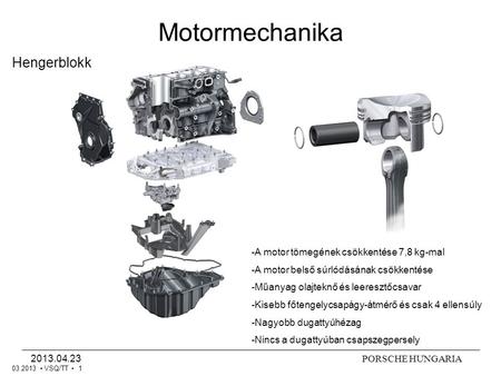 Motormechanika Hengerblokk A motor tömegének csökkentése 7,8 kg-mal