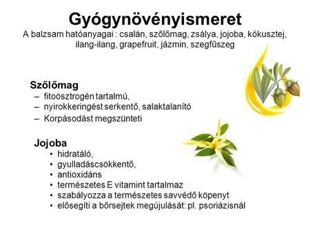 Gyógynövényismeret A balzsam hatóanyagai : csalán, szőlőmag, zsálya, jojoba, kókusztej, ilang-ilang, grapefruit, jázmin, szegfűszeg Szőlőmag fitoösztrogén.