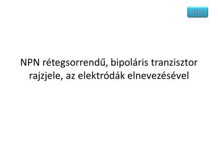 1/20 NPN rétegsorrendű, bipoláris tranzisztor rajzjele, az elektródák elnevezésével.