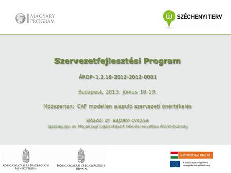 Szervezetfejlesztési Program ÁROP-1.2.18-2012-2012-0001 Budapest, 2013. június 18-19. Módszertan: CAF modellen alapuló szervezeti önértékelés Előadó: dr.