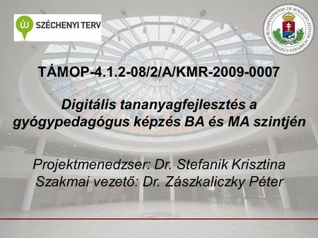 TÁMOP-4.1.2-08/2/A/KMR-2009-0007 Digitális tananyagfejlesztés a gyógypedagógus képzés BA és MA szintjén Projektmenedzser: Dr. Stefanik Krisztina Szakmai.