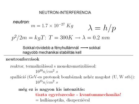 NEUTRON-INTERFERENCIA neutron : Sokkal rövidebb a fényhullámnál sokkal nagyobb mechanikai stabilitás kell.