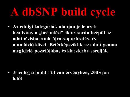 A dbSNP build cycle Az eddigi kategóriák alapján jellemzett beadvány a „beépülési”ciklus során beépül az adatbázisba, amit újracsoportosítás, és annotáció.