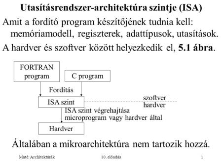 Máté: Architektúrák10. előadás1 Általában a mikroarchitektúra nem tartozik hozzá. ISA szint ISA szint végrehajtása microprogram vagy hardver által Hardver.