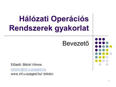 1 Hálózati Operációs Rendszerek gyakorlat Bevezető Előadó: Bilicki Vilmos