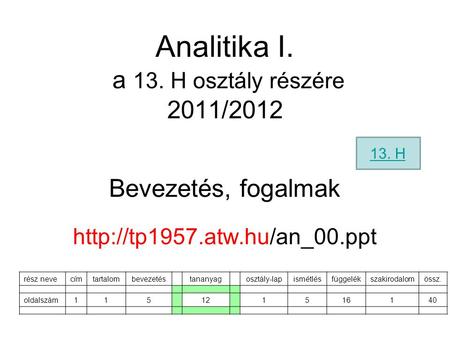 Analitika I. a 13. H osztály részére 2011/2012