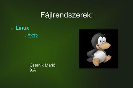 Fájlrendszerek: Linux EXT2				 					 					 					 					 					 	Csernik Márió	 	9.A.