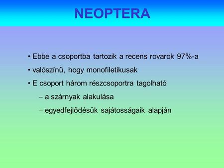 NEOPTERA Ebbe a csoportba tartozik a recens rovarok 97%-a
