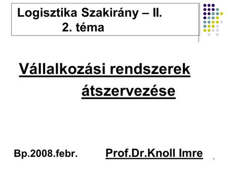 1 Logisztika Szakirány – II. 2. téma Vállalkozási rendszerek átszervezése Bp.2008.febr. Prof.Dr.Knoll Imre.