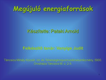 Megújuló energiaforrások Felkészítő tanár: Venyige Judit