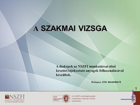 A SZAKMAI VIZSGA A diaképek az NSZFI munkatársai által készítet tájékoztató anyagok felhasználásával készültek. Budapest, 2008. december 8.