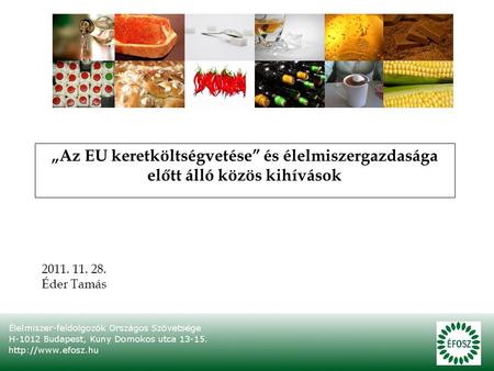 „Az EU keretköltségvetése” és élelmiszergazdasága előtt álló közös kihívások 2011. 11. 28. Éder Tamás.