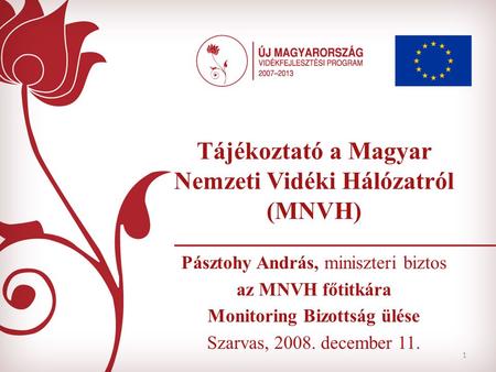 1 Tájékoztató a Magyar Nemzeti Vidéki Hálózatról (MNVH) Pásztohy András, miniszteri biztos az MNVH főtitkára Monitoring Bizottság ülése Szarvas, 2008.