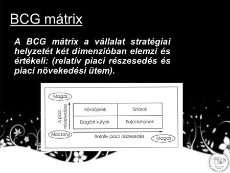 BCG mátrix A BCG mátrix a vállalat stratégiai helyzetét két dimenzióban elemzi és értékeli: (relatív piaci részesedés és piaci növekedési ütem).