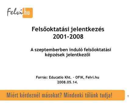 1 Felsőoktatási jelentkezés 2001-2008 A szeptemberben induló felsőoktatási képzések jelentkezői Forrás: Educatio Kht. – OFIK, Felvi.hu 2008.05.14.