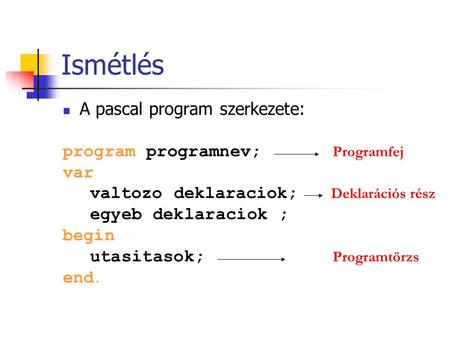 Ismétlés A pascal program szerkezete: program programnev; Programfej