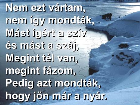 Nem ezt vártam, nem így mondták, Mást ígért a szív és mást a száj, Megint tél van, megint fázom, Pedig azt mondták, hogy jön már a nyár. Nem ezt vártam,