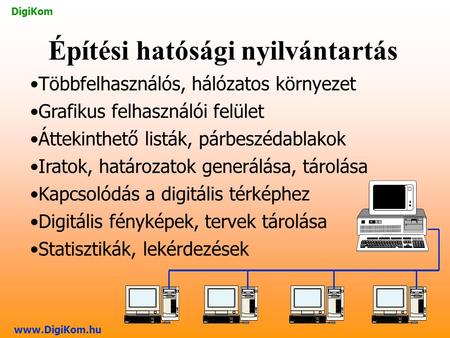 DigiKom www.DigiKom.hu Többfelhasználós, hálózatos környezet Grafikus felhasználói felület Iratok, határozatok generálása, tárolása Kapcsolódás a digitális.