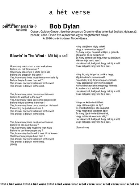 a hét verse Bob Dylan pentz annamária