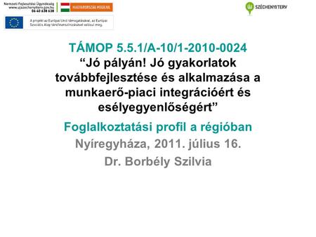 TÁMOP 5.5.1/A-10/1-2010-0024 “Jó pályán! Jó gyakorlatok továbbfejlesztése és alkalmazása a munkaerő-piaci integrációért és esélyegyenlőségért” Foglalkoztatási.