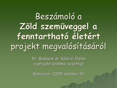 Beszámoló a Zöld szemüveggel a fenntartható életért projekt megvalósításáról Dr. Budayné dr. Kálóczi Ildikó a projekt szakmai vezetője Debrecen, 2009.