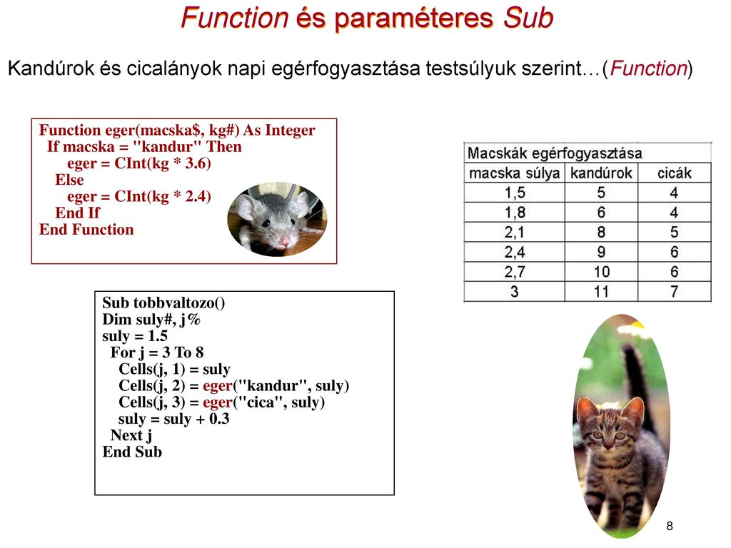 Function és paraméteres Sub