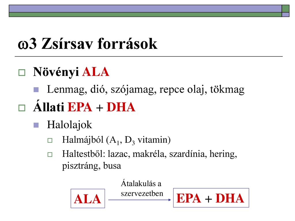 3 Zsírsav források Növényi ALA Állati EPA + DHA ALA EPA + DHA