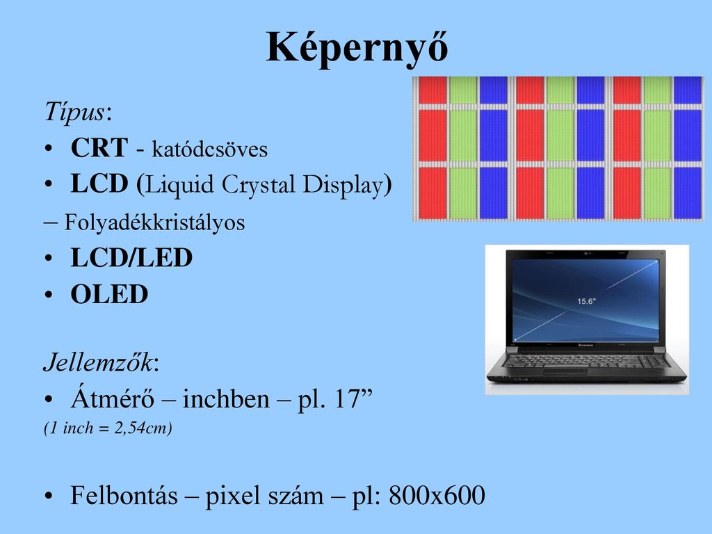 Képernyő Típus: CRT - katódcsöves LCD (Liquid Crystal Display)