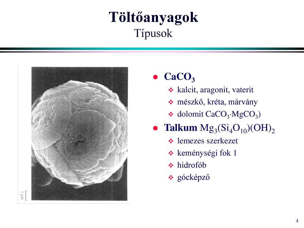 Töltőanyagok Típusok CaCO3 Talkum Mg3(Si4O10)(OH)2