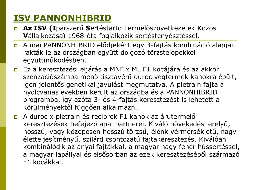 ISV PANNONHIBRID Az ISV (Iparszerű Sertéstartó Termelőszövetkezetek Közös Vállalkozása) 1968-óta foglalkozik sertéstenyésztéssel.