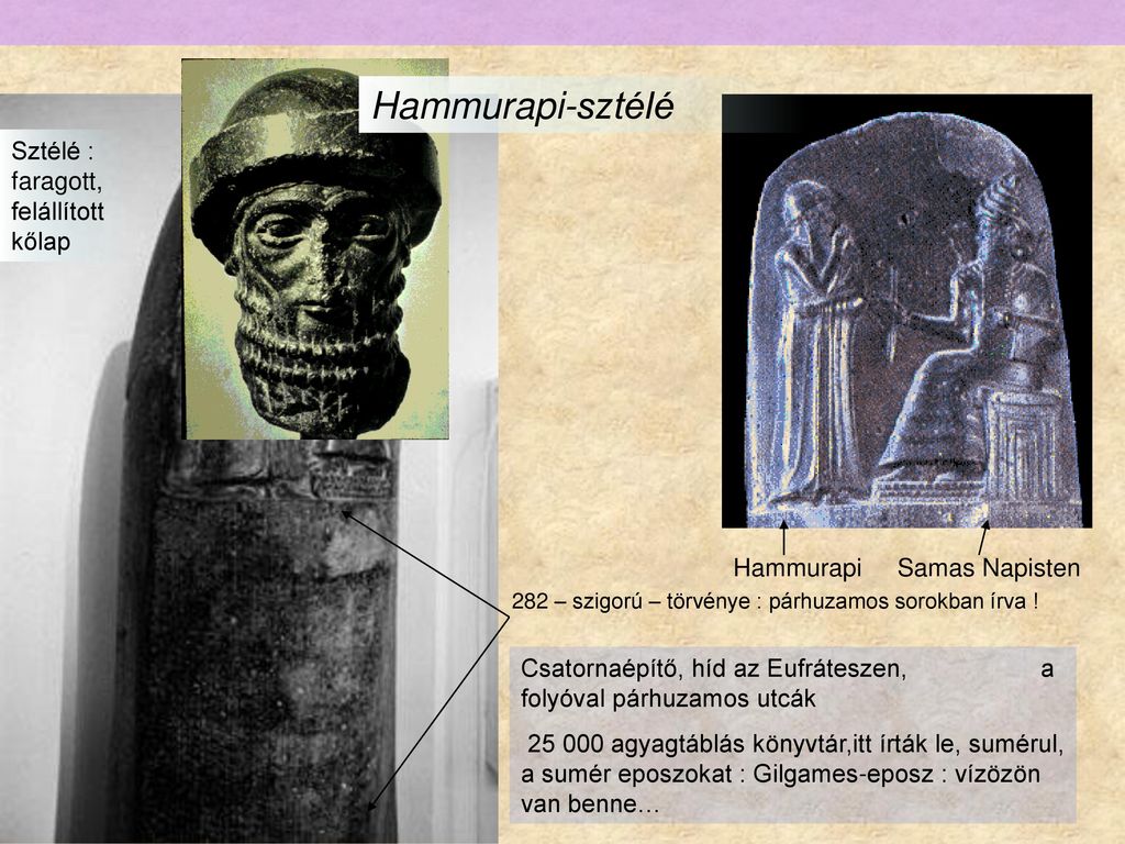 Hammurapi-sztélé Sztélé : faragott, felállított kőlap