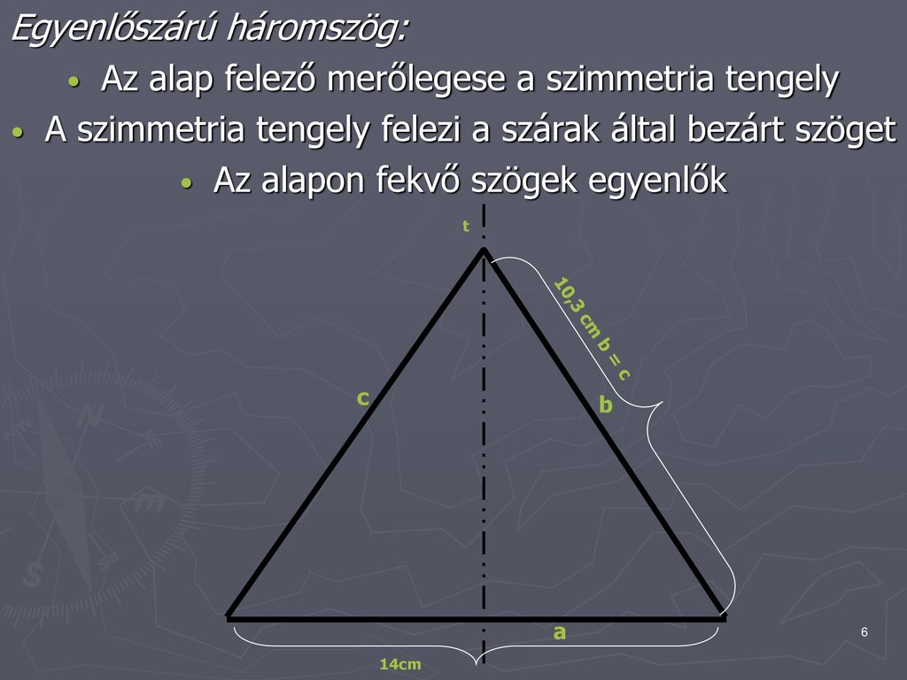 Egyenlőszárú háromszög: Az alap felező merőlegese a szimmetria tengely