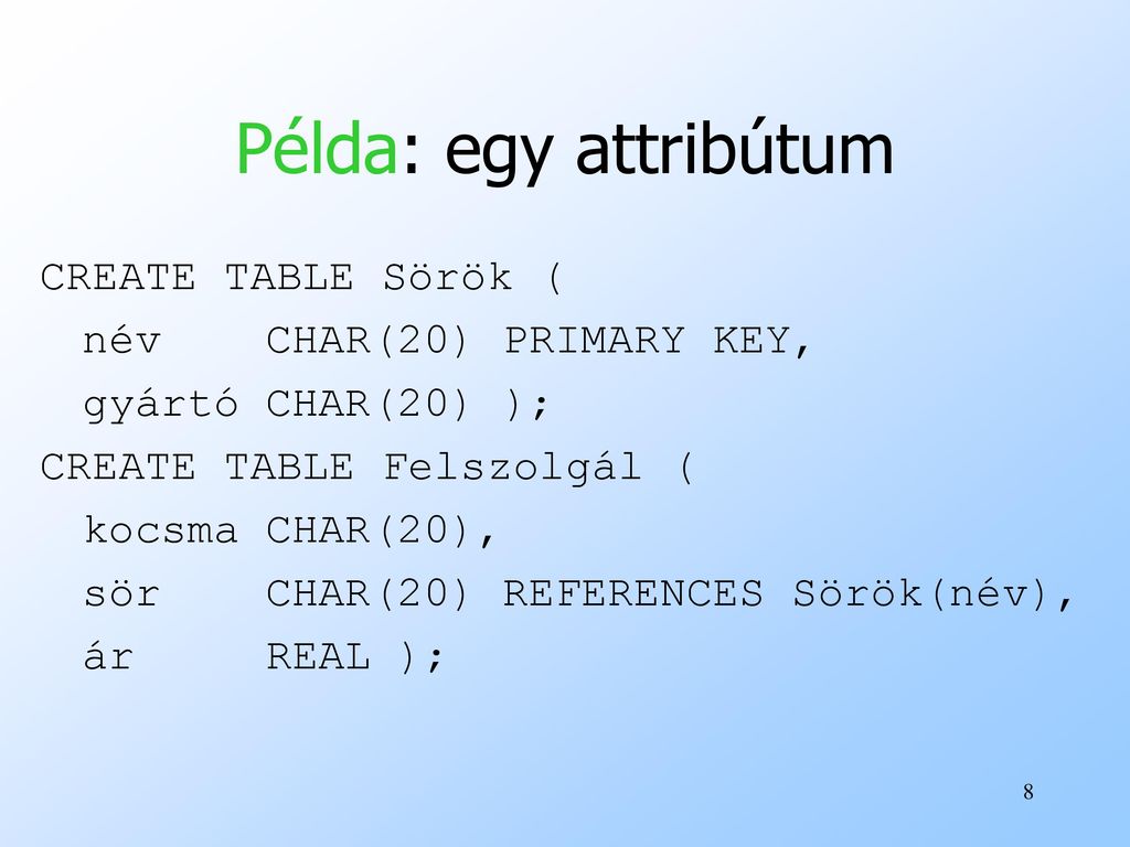 Példa: egy attribútum CREATE TABLE Sörök ( név CHAR(20) PRIMARY KEY,