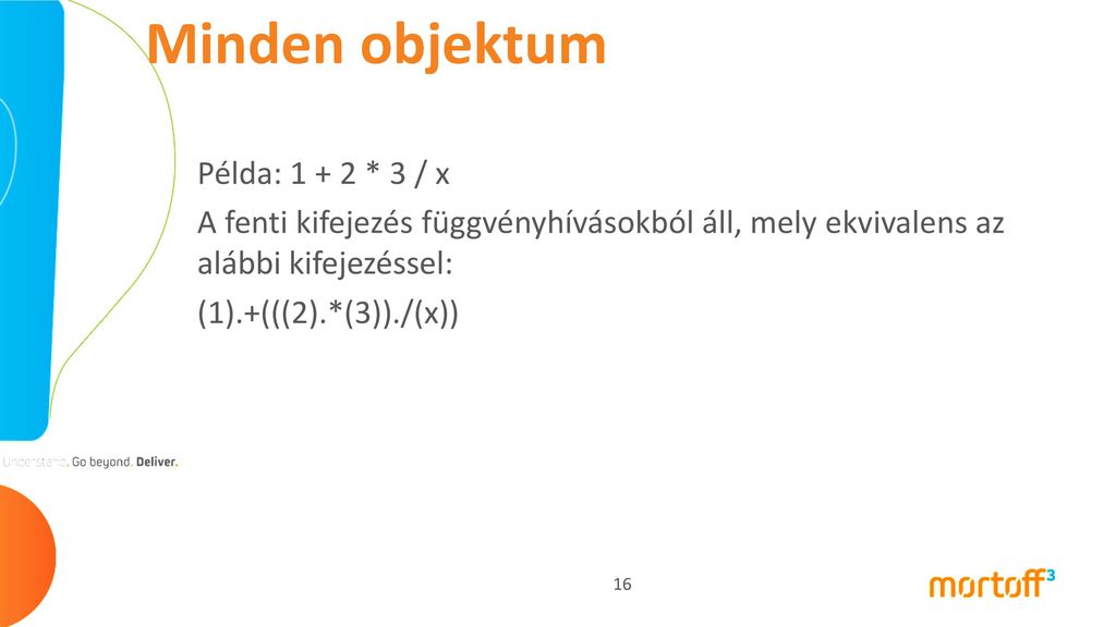 Minden objektum Példa: * 3 / x A fenti kifejezés függvényhívásokból áll, mely ekvivalens az alábbi kifejezéssel: (1).+(((2).*(3))./(x))