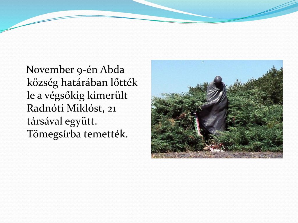 November 9-én Abda község határában lőtték le a végsőkig kimerült Radnóti Miklóst, 21 társával együtt.