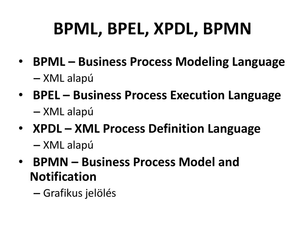 BPML, BPEL, XPDL, BPMN BPML – Business Process Modeling Language