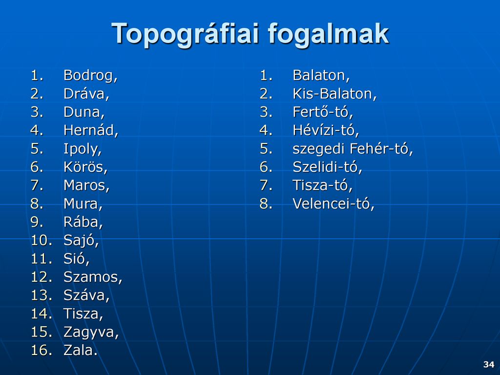 Topográfiai fogalmak Bodrog, Dráva, Duna, Hernád, Ipoly, Körös, Maros,