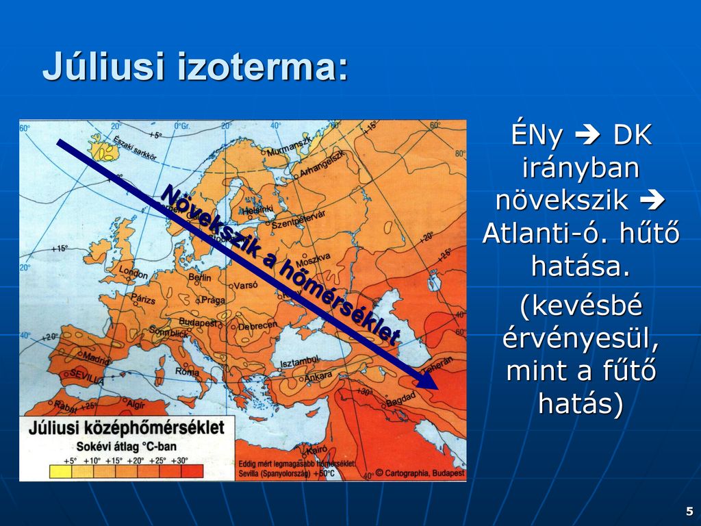 Júliusi izoterma: ÉNy  DK irányban növekszik  Atlanti-ó. hűtő hatása. (kevésbé érvényesül, mint a fűtő hatás)