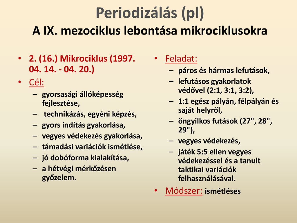 Periodizálás (pl) A IX. mezociklus lebontása mikrociklusokra