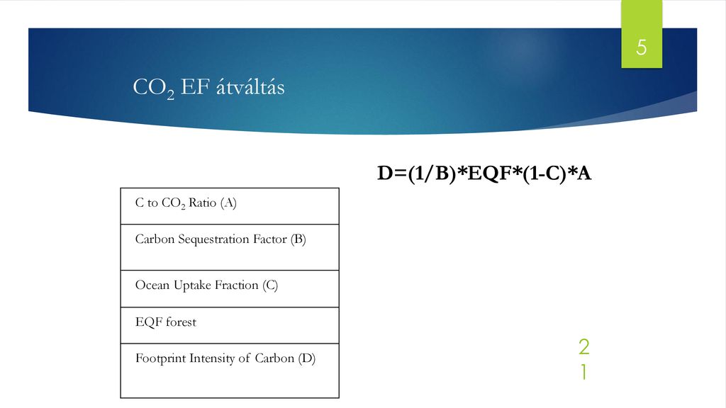 CO2 EF átváltás 5 D=(1/B)*EQF*(1-C)*A C to CO2 Ratio (A)